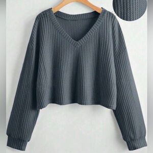 Solid Ribbed Crop Drop Shoulder Sweater